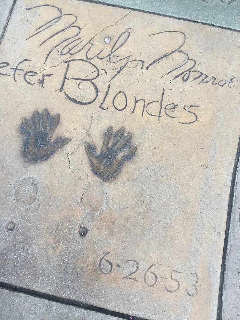 Marilyn's signature, handprints, and footprints in front of Grauman's Chinese Theatre in Los Angeles.